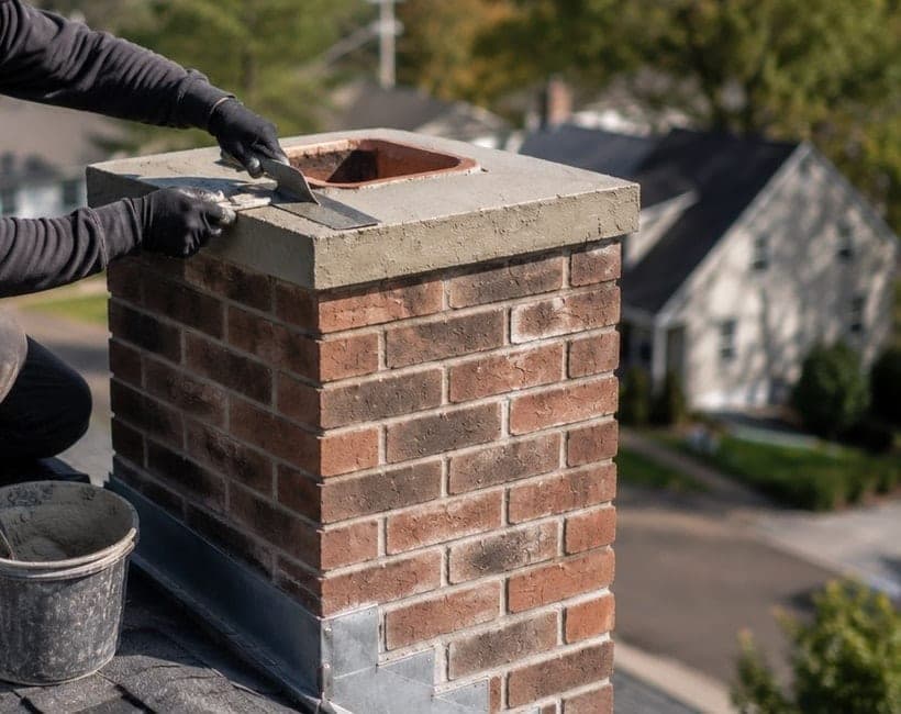Trowel finishing a chimney crown (close-up)