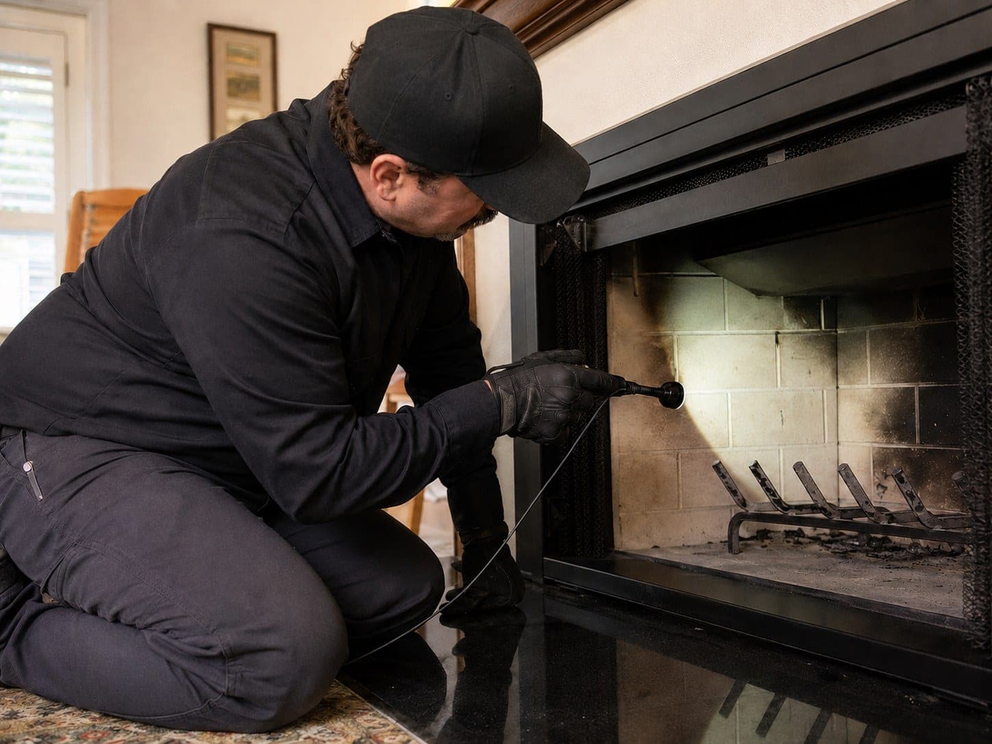 Technician inspecting a firebox with a flashlight