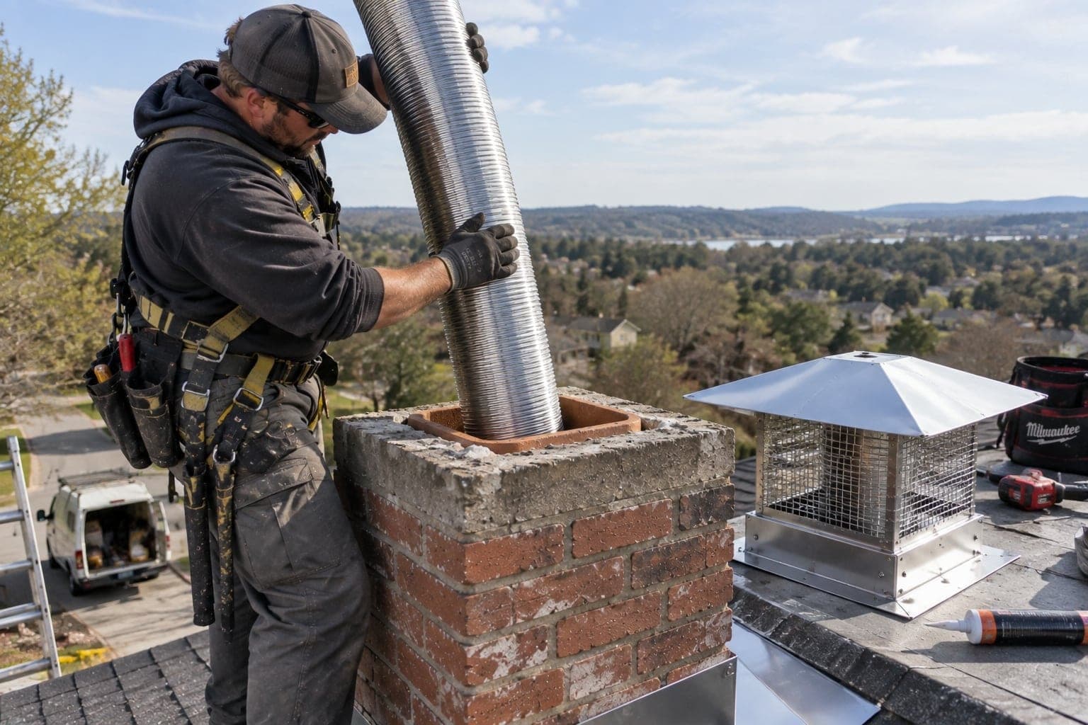Technician feeding a stainless steel liner into a chimney