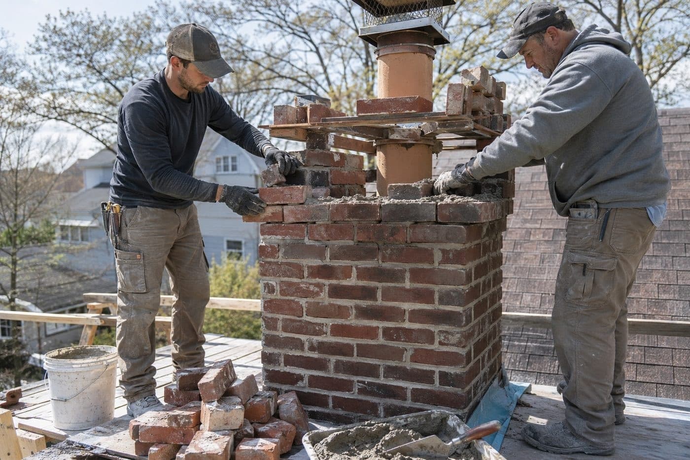 Two masons rebuilding the top of a chimney