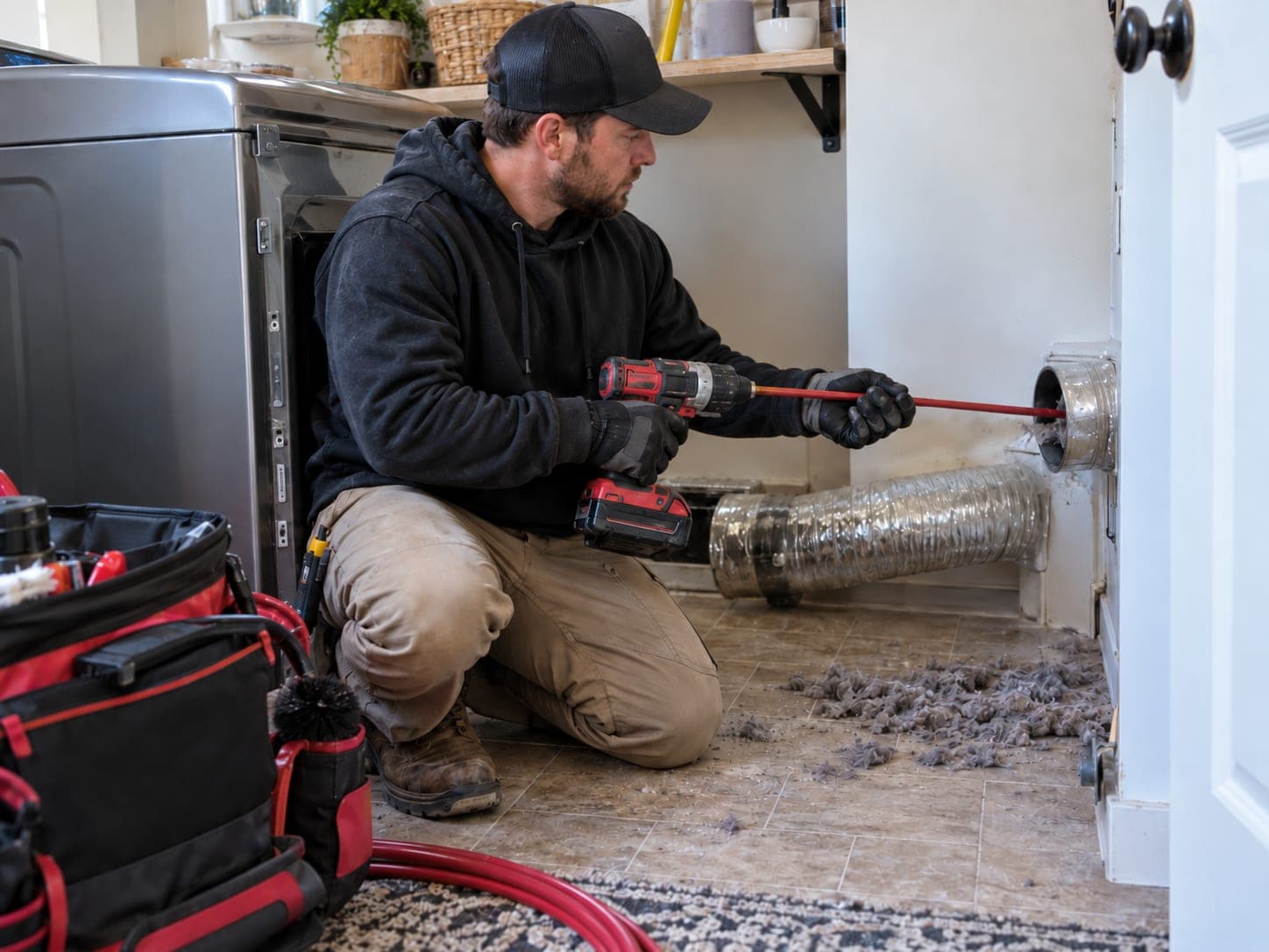 Technician running a rotary brush through a dryer duct