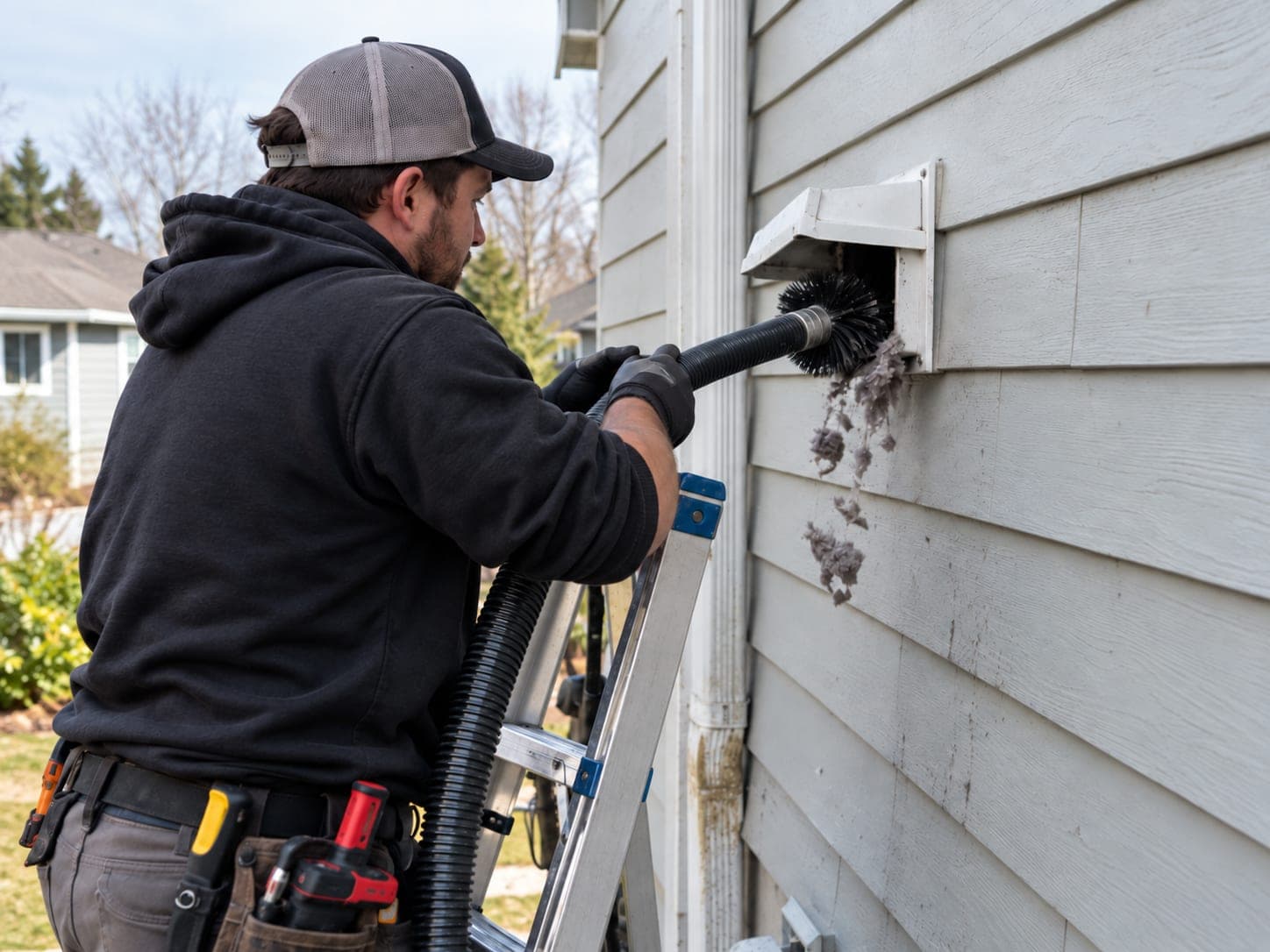 Technician clearing lint from an exterior dryer vent hood