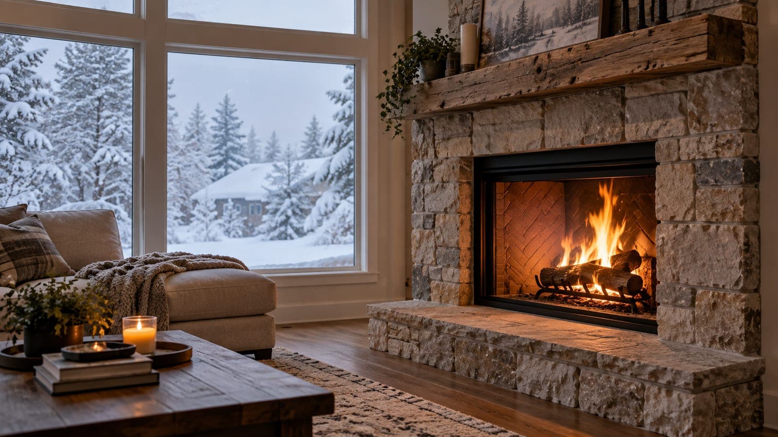 Lit wood fireplace in a living room with a snowy window view