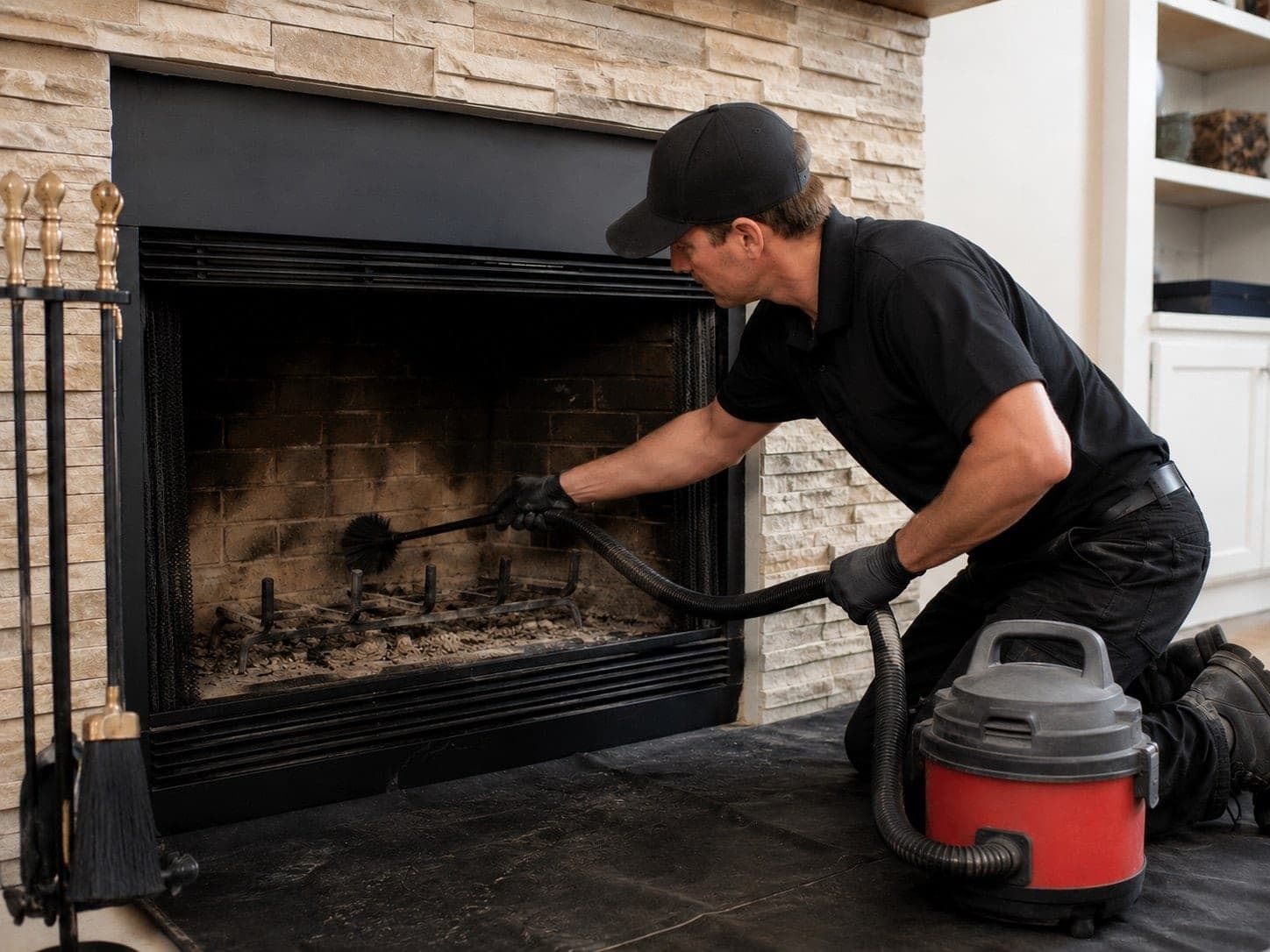 Technician vacuuming a factory-built fireplace