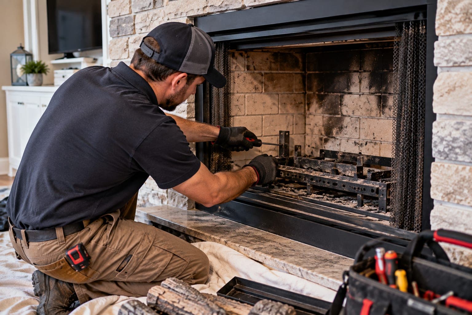 Technician repairing a firebox