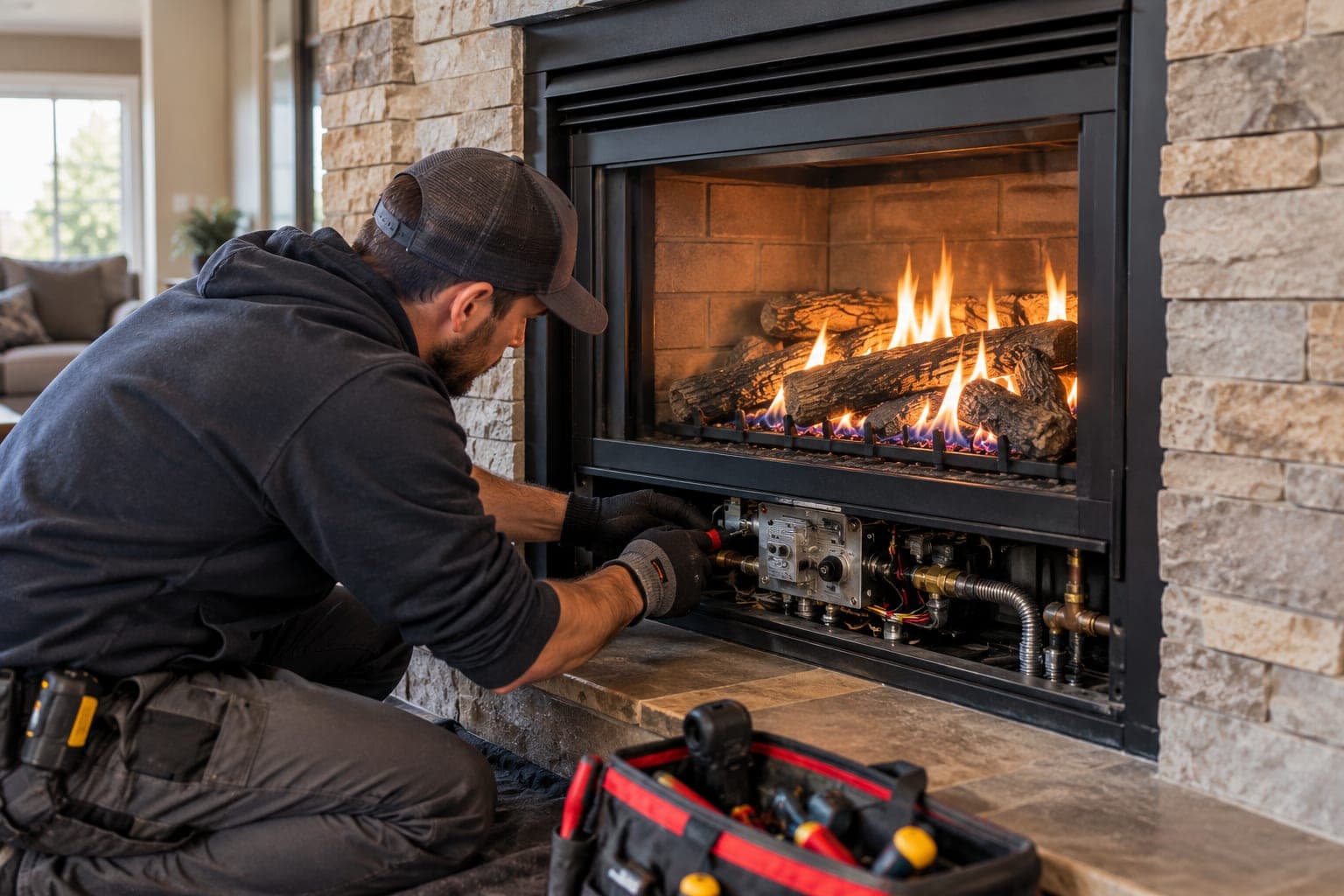 Technician adjusting the valve of a lit gas fireplace